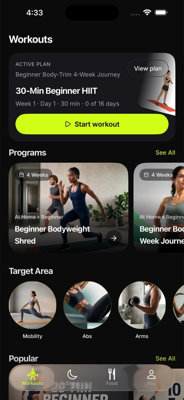 Fitsana Workouts screen with an active training plan