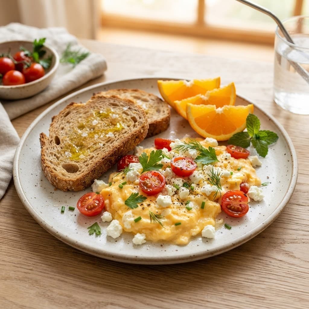Mediterranean Tomato and Feta Scrambled Eggs with Toast