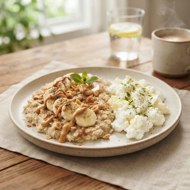 American Peanut Butter and Banana Oatmeal with Scrambled Egg Whites